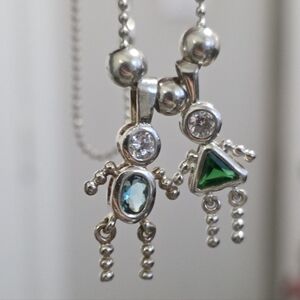 Sterling Silver & Cubic Zirconia Birthstone Kid Necklace w/2 Kids-Children